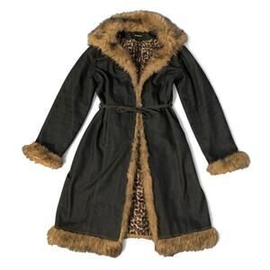 Vintage Express Y2K Denim Faux Fur Penny Lane Coat – Leopard Lining XS/S